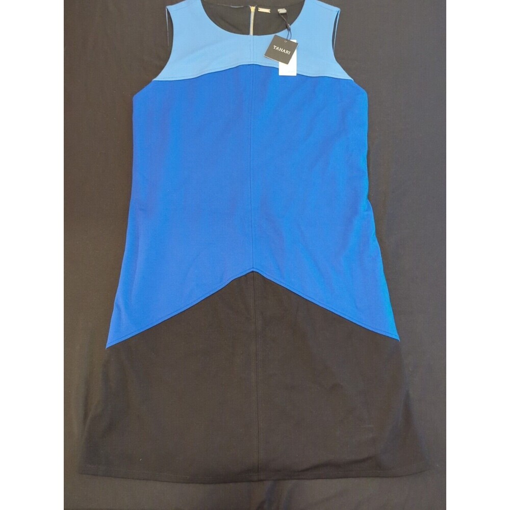 TAHARI Women's 8 - Blue & Black Color Block Sleeveless Stretch Sress Knee Length